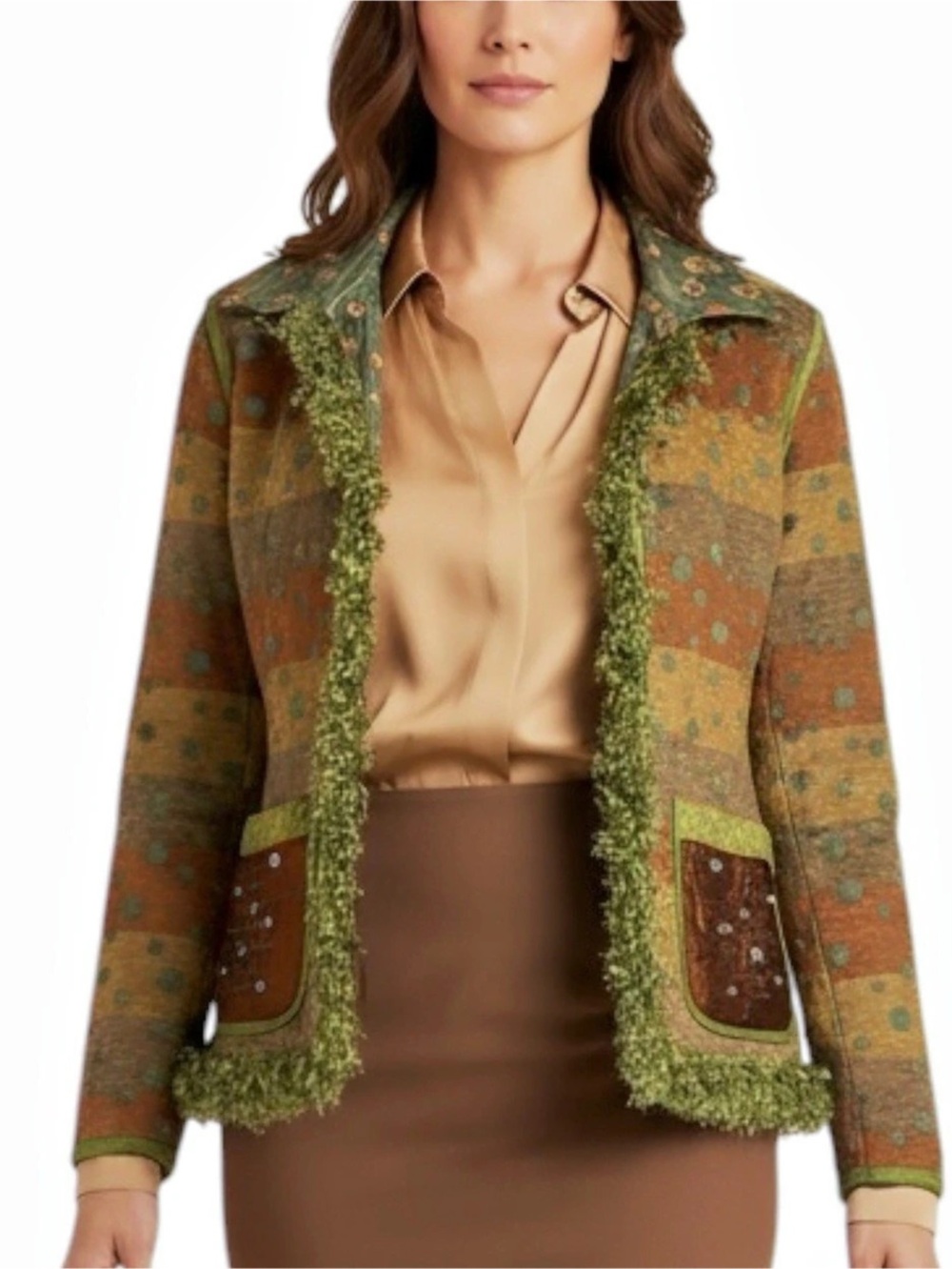 YAK MAGIK Vintage Reversible Print Fringe Jacket Green/Brown Size Small